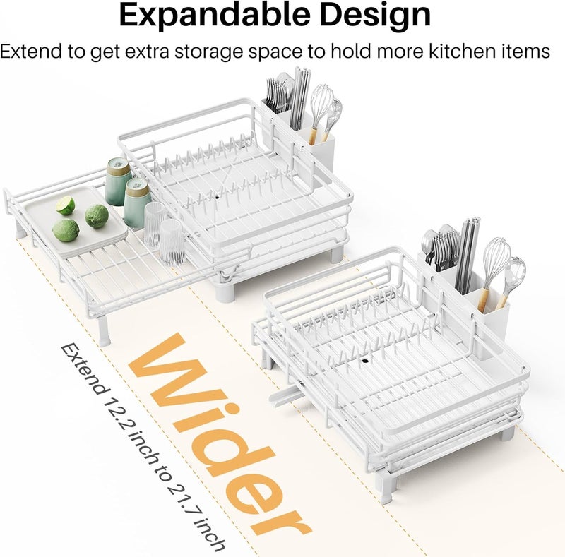 SNTD Dish Drying Rack - Extendable Dish Rack, Large Sink Drying Dish Drainer for Kitchen Counter, Stainless Steel Dish Strainer with Utensil Holder (White) - Image 5